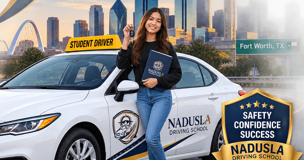 A smiling Nadusla Driving School student holding her car keys in front of the training vehicle and the Fort Worth skyline