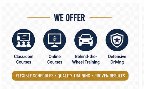 Nadusla Driving School offers classroom courses, online courses, behind-the-wheel training, and defensive driving