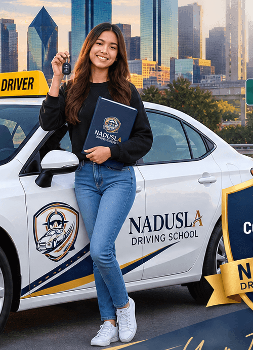 A smiling Nadusla Driving School student holding her car keys next to the training vehicle
